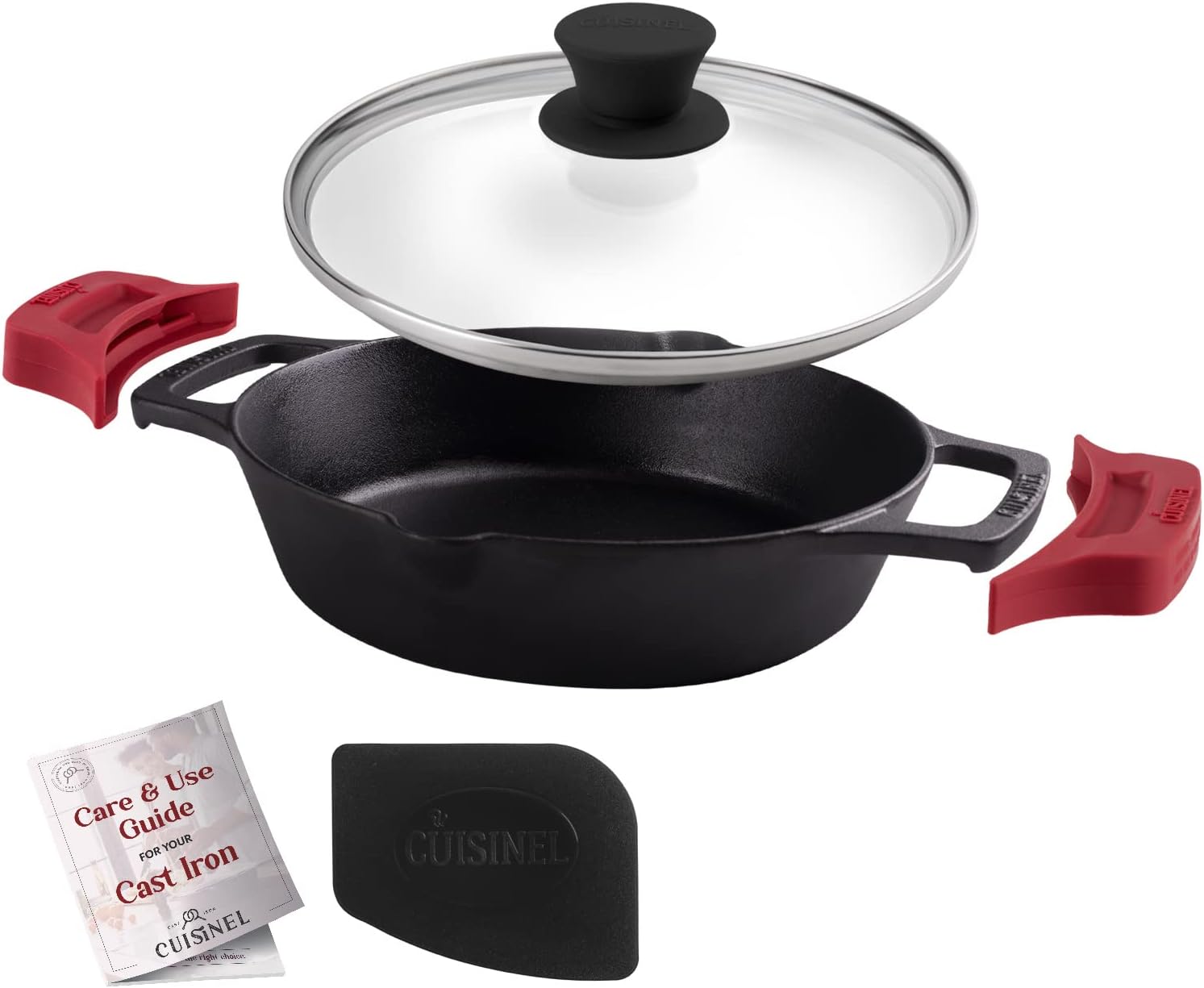 Cuisinel Cast Iron Skillet with Lid - 10"-Inch Pre-Seasoned Frying Pan + Glass Cover + Heat-Resistant Handle Holder - Indoor/Outdoor Use - Grill, Stove, Camp Firepit, Induction - Oven Safe Cookware