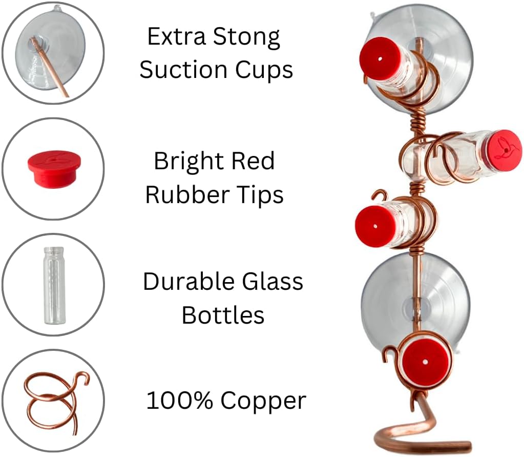 Window Hummingbird Feeder | Handcrafted Copper and Aluminum | Multiple Stations | Modern Hummingbird Feeder | Glass Bottles | Suction Cups (Copper, Four Station)