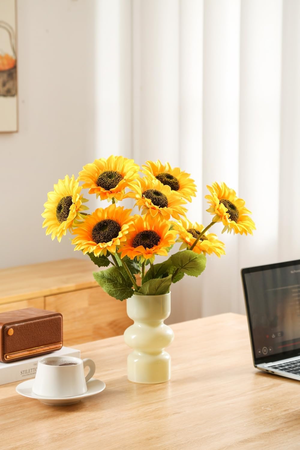 Laelfe Artificial Sunflower Flowers Long Stem Silk Fake Large Sunflowers Decoration for Outdoor Home Wedding Baby Shower Birthday Party Single Bulk
