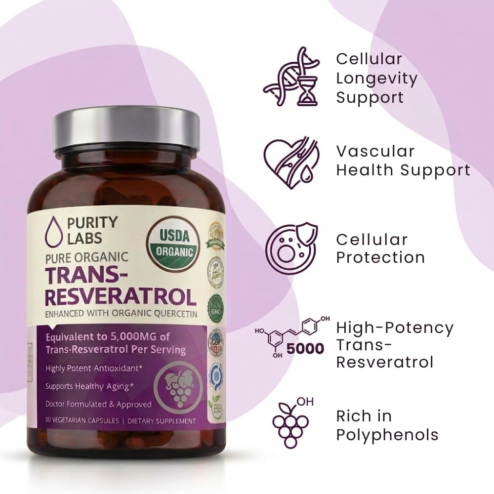 Purity Labs Trans-Resveratrol Supplement 5, 000 mg Equivalent per Serving with Quercetin, USDA Organic High Potency Antioxidant, Vegan Capsules