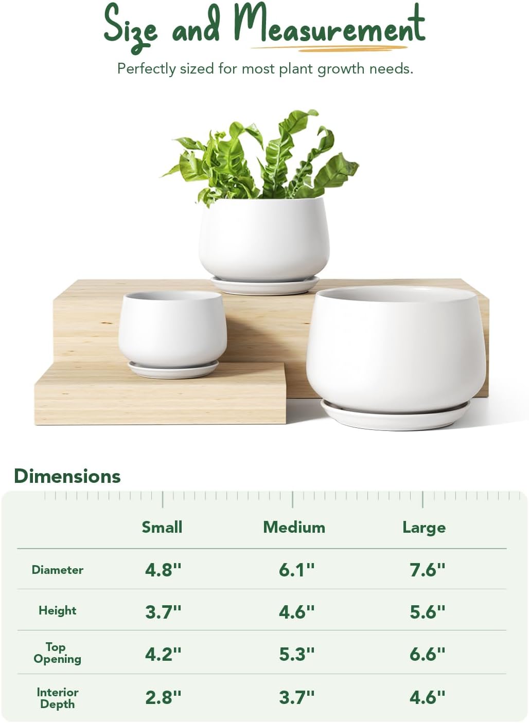 LE TAUCI Plant Pots, 4.1+5.1+6.5 inch, Set of 3, Ceramic Planters with Drainage Hole and Saucer, Indoor Flower Pot with Hole Mesh Pad, Gifts for Mom