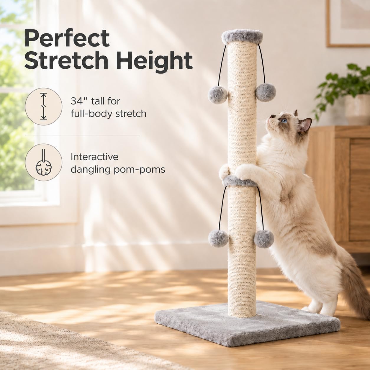 Dimaka 29'' Cat Scratching Post, Natural Sisal Rope Scratcher Post, Kitten Claw Scratch with 4 DanglingToy Balls for Large Cats (Grey)