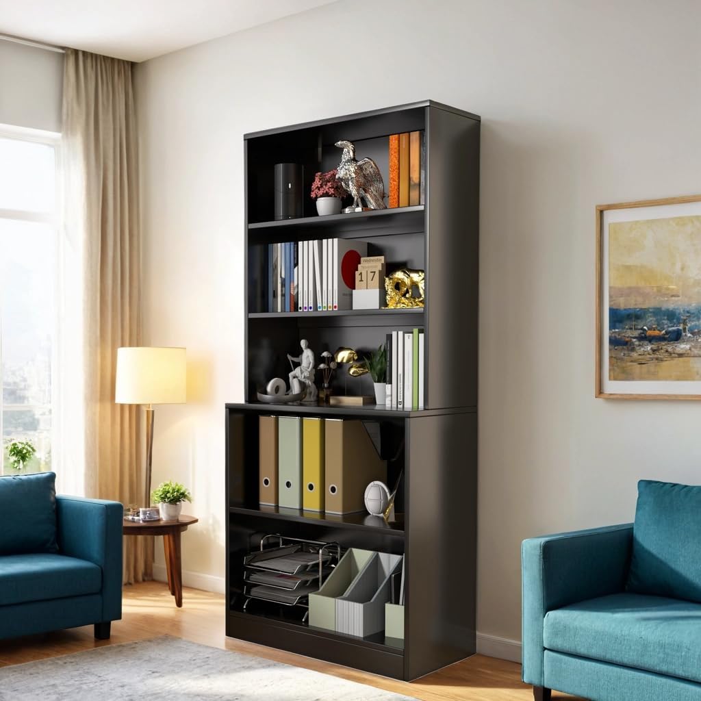 holzart 71" Tall Book Shelf, 5 Tier Large Bookshelf, Standing Wood Display Book Shelf for Living Room, Office, Library with Doors, 31.5" W x 70.87" H x 11.81" D, White