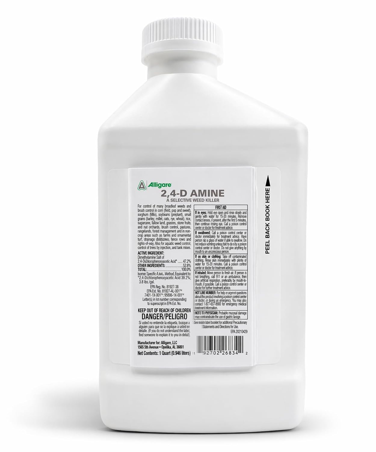 ALLIGARE 2,4-D Amine Weed Killer Concentrate - Post-Emergent Herbicide to Control Pigweed, Thistle, Ragweed, & More - 47.2% Active Ingredient - for Lawns, Pastures, Aquatic Sites & Crops - 2.5 Gallon