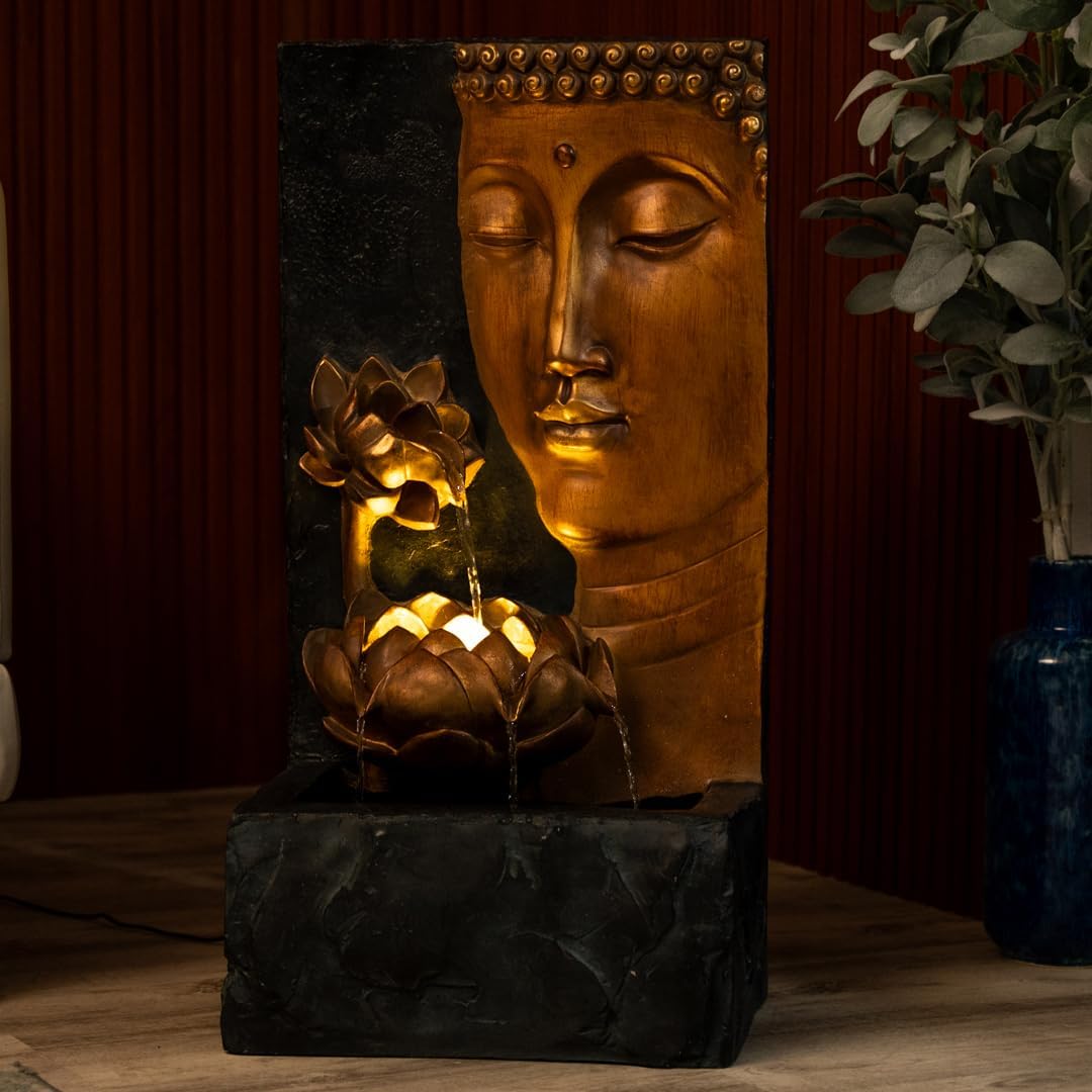 XBrand 30" H Zen Buddha Face Water Fountain w/LED Light & Pump, Indoor/Outdoor Freestanding, Relaxing Zen Décor