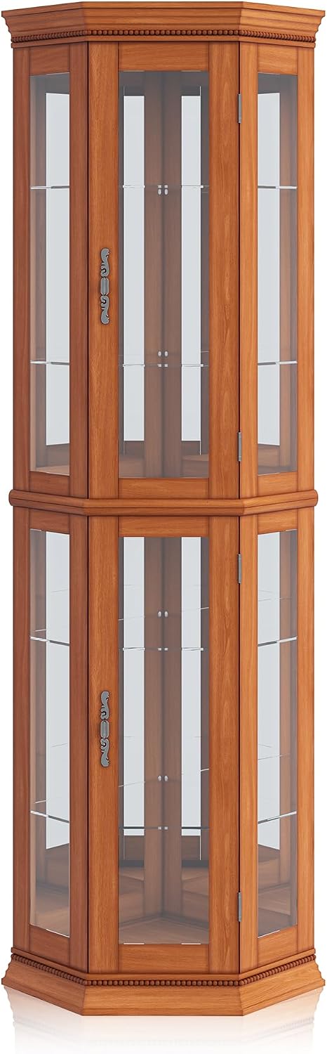 BELLEZE Lighted Wooden Corner Display Curio Cabinet, Two Section Shelving Unit with Tempered Glass Door