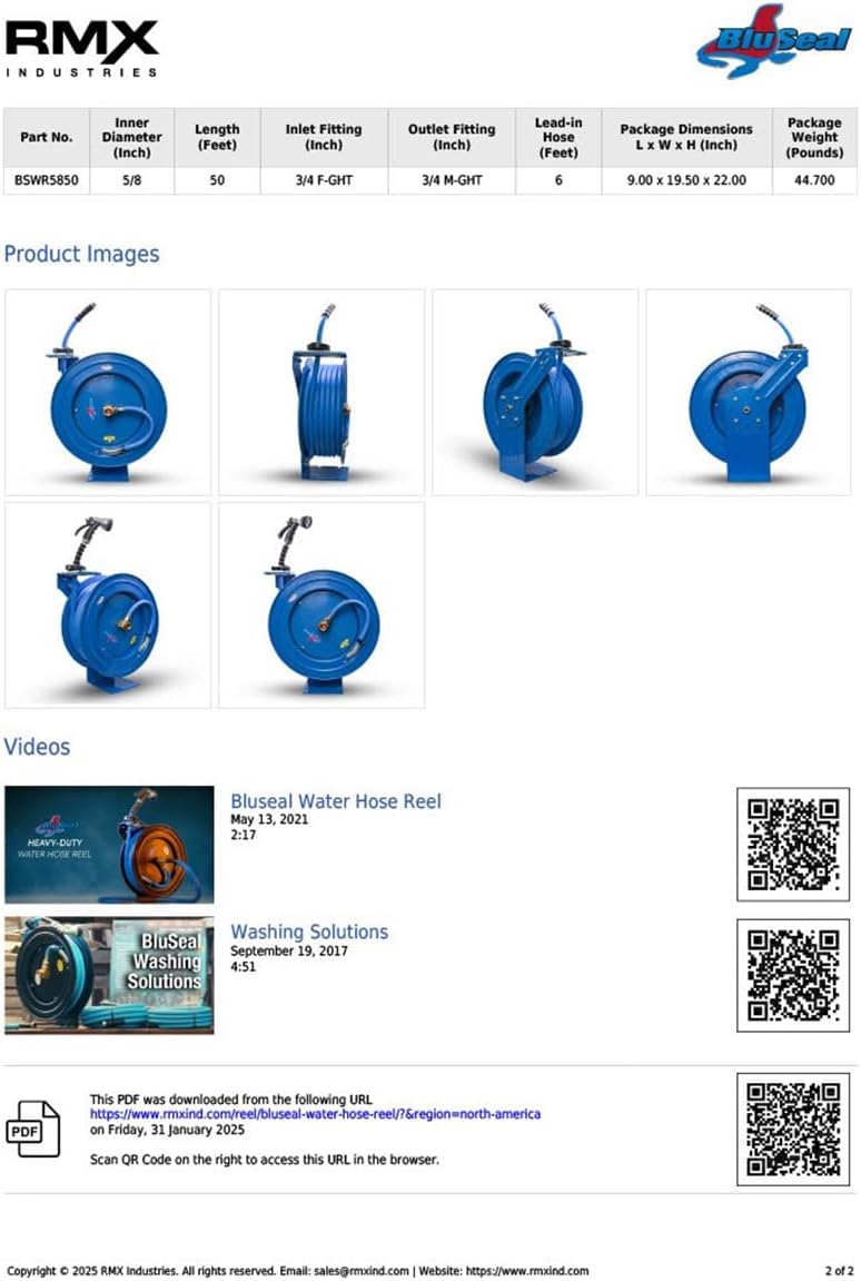 BLUSEAL BSWR5850 Retractable Hose Reel with 5/8" x 50' Hot Water Rubber Hose, 6' Lead-in, 500 PSI, Brass Fittings, Swivel Mount Hose Reel