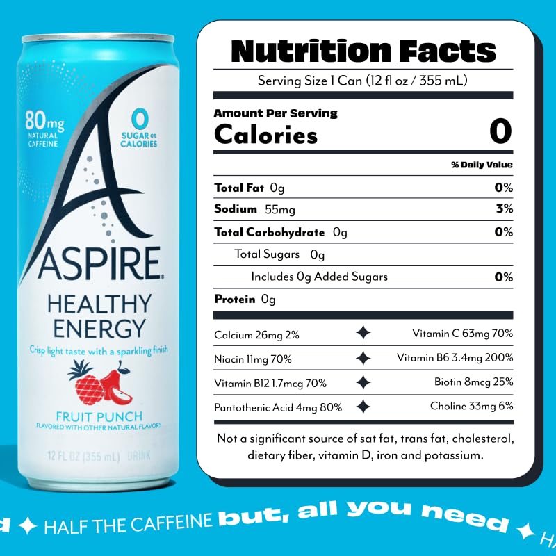 ASPIRE® Raspberry Acai, Healthy Energy Drink 80mg Natural Caffeine, Zero Sugar No Carbs Keto Friendly, 12 Pack Green Tea Sugar Free Drink Low Caffeine Zero Calorie