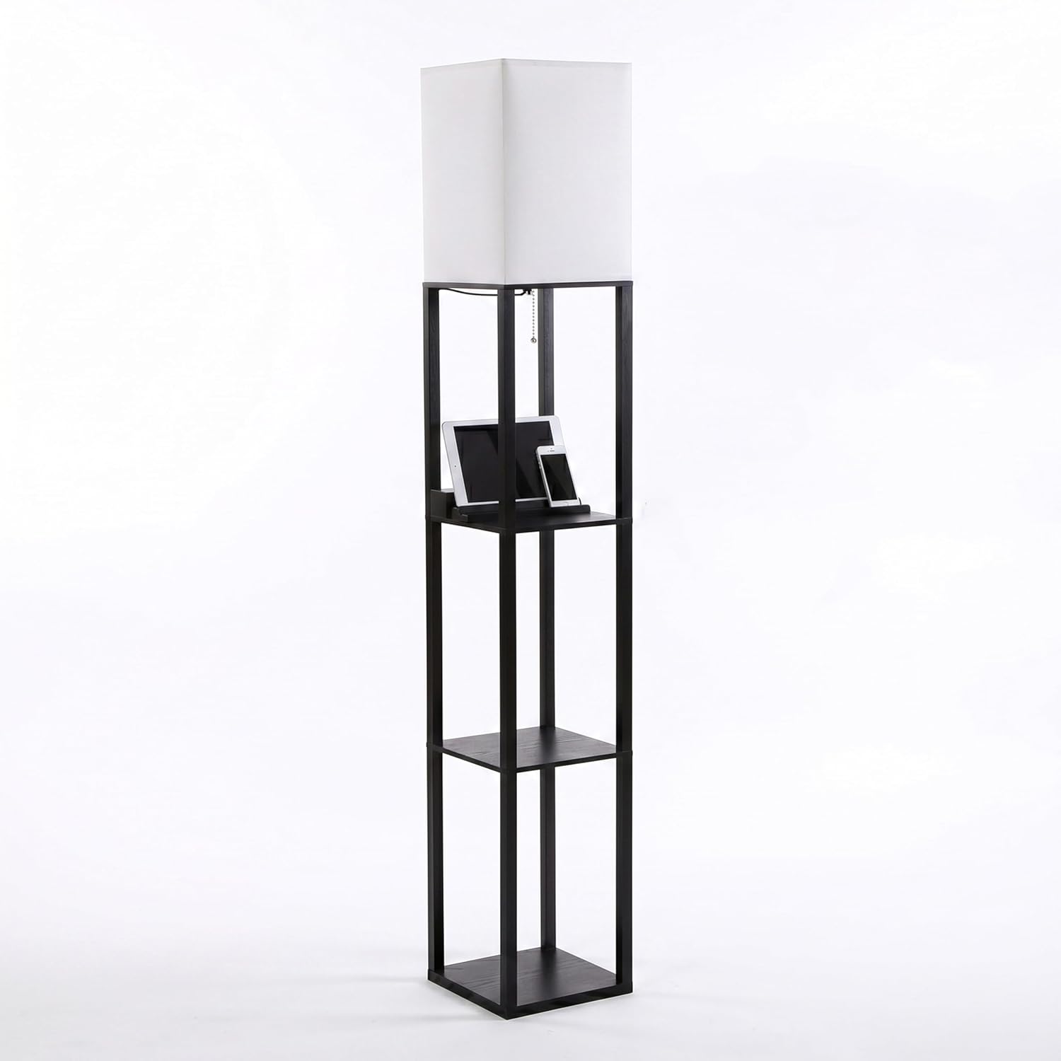 Brightech Maxwell Charger - Modern Shelf Floor Lamp with USB Charging Ports & Electric Outlet - Corner Display Floor Lamps with Shelves for Living