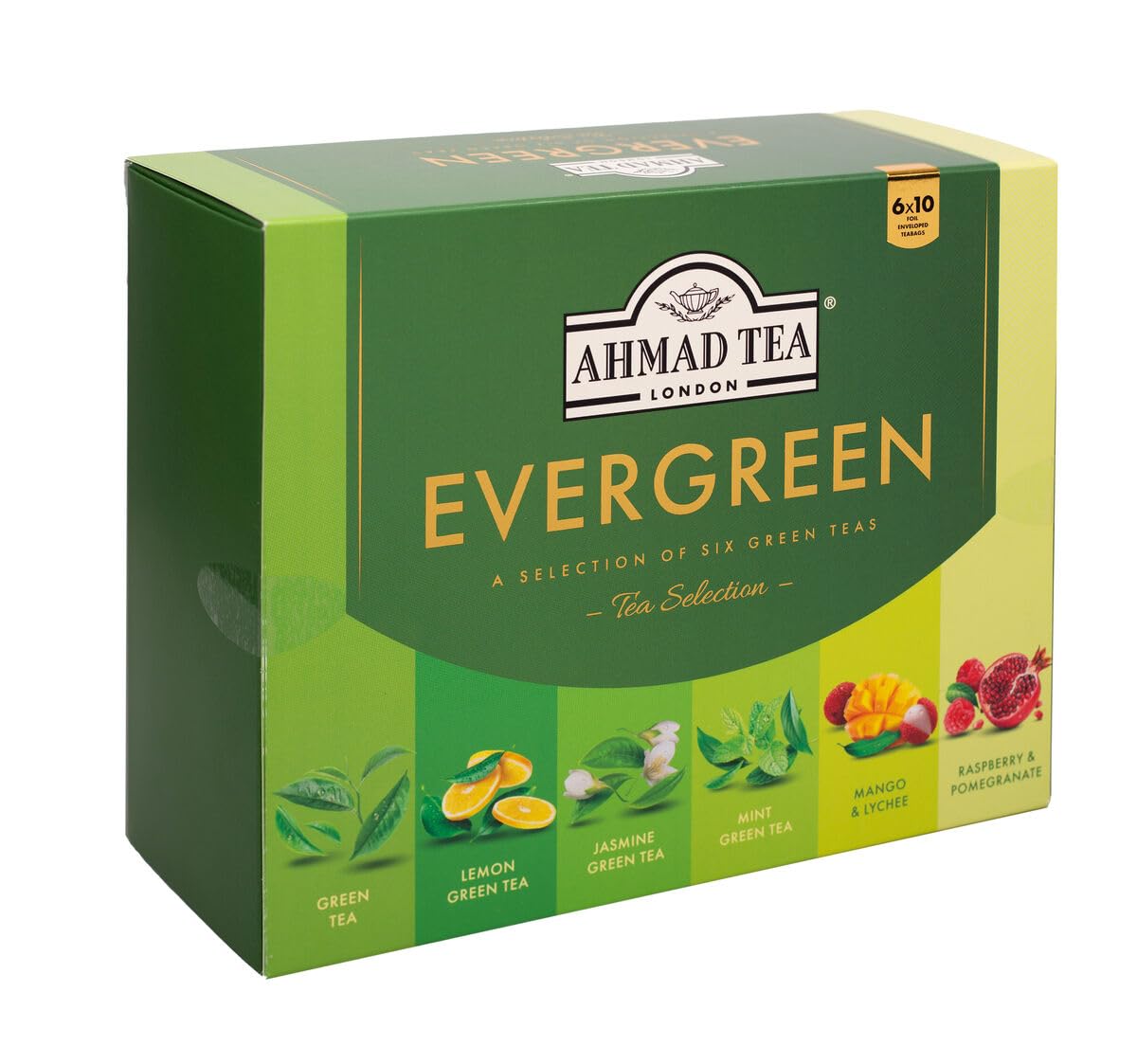 Ahmad Tea Green Tea, Evergreen Selection Pack Teabags, 60 Foil Teabags - Caffeinated & Sugar-Free