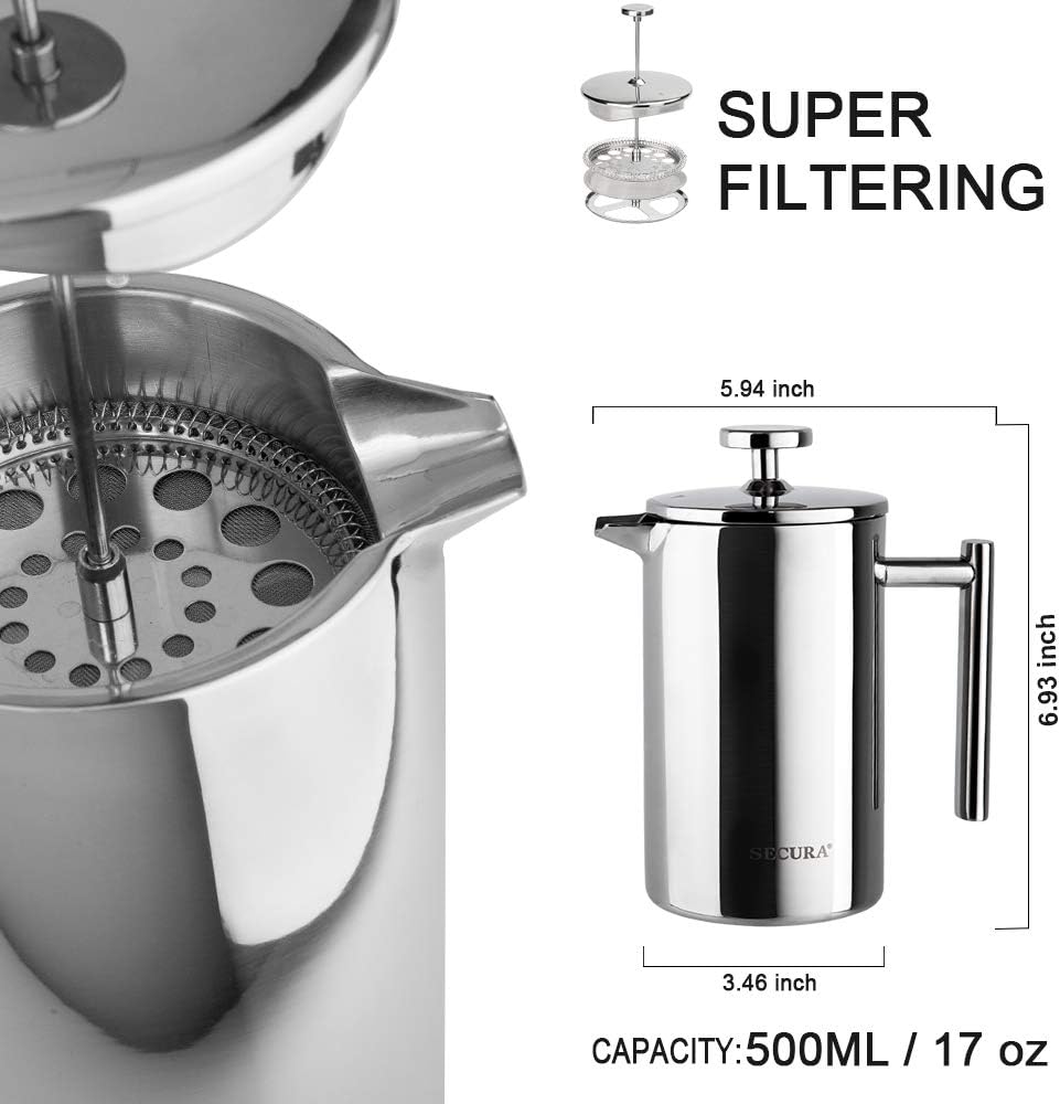 Secura French Press Coffee Maker, 304 Grade Stainless Steel Insulated Coffee Press with 2 Extra Screens, 34oz (1 Litre), Silver