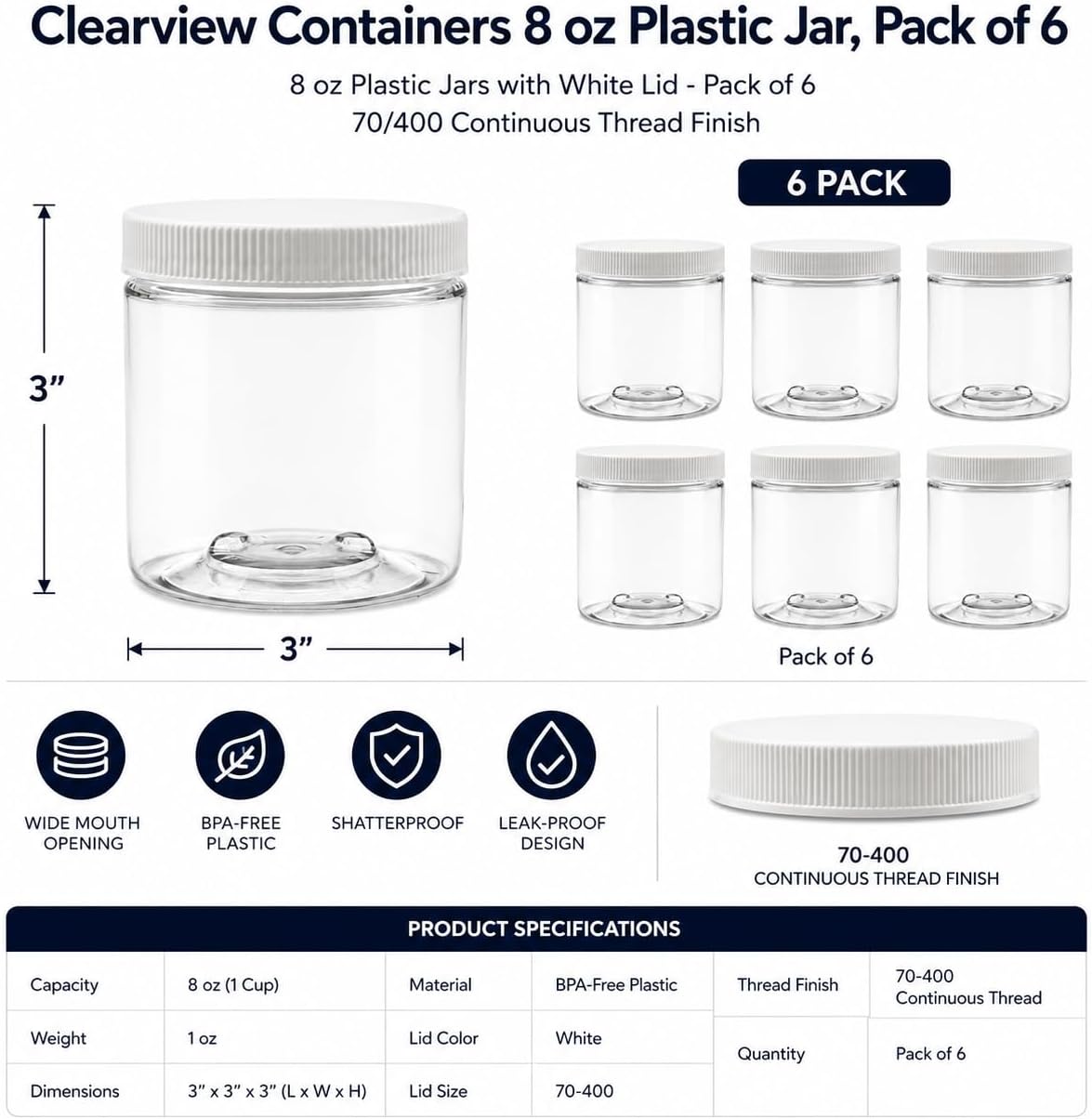1 Pack - 128 oz (1 Gallon) Plastic Storage Jars with 110-400 Leak Proof Black Lids, Food Grade, BPA Free, Hand Wash Only (128oz, BLK, 1PK)