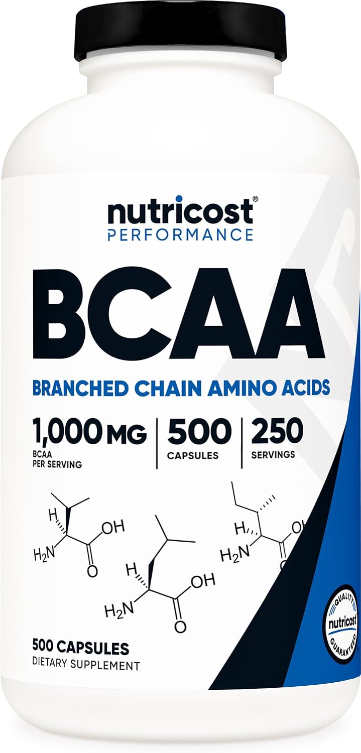 Nutricost BCAA 1000mg, 500 Capsules, 2:1:1 Branched Chain Amino Acids | 250 Servings, 500mg L-Leucine, 250mg L-Isoleucine, 250mg L-Valine