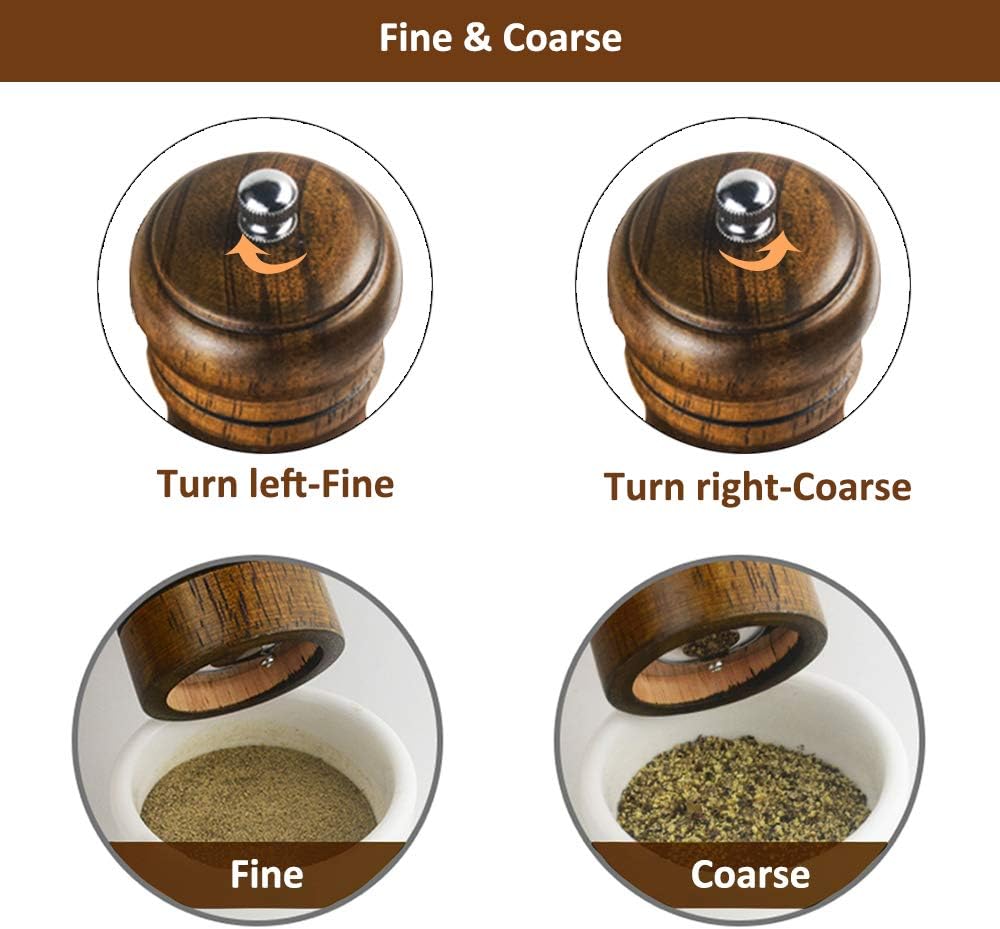 Salt and Pepper Grinders Set,Ouktor Manual Wooden Salt and Pepper Mills Shakers, Ceramic Rotor with Strong Adjustable Coarseness (5.5inch)
