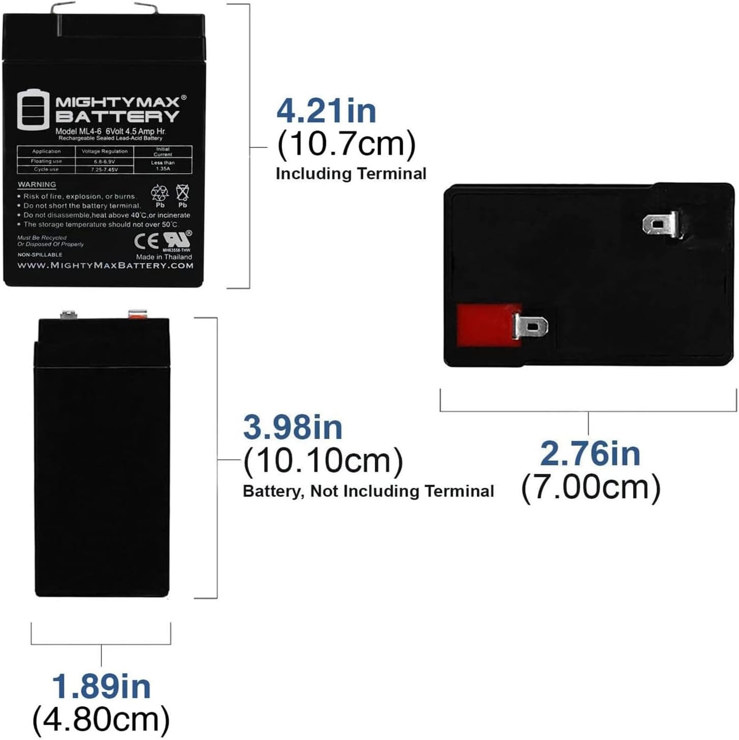 Mighty Max Battery ML4-6 - 6 Volt 4.5 AH, F1 Terminal, Rechargeable SLA AGM Battery