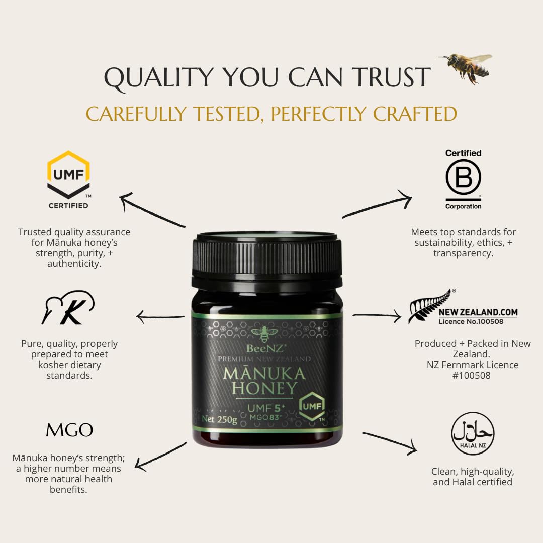 BeeNZ Raw Mānuka Honey, Certified UMF 5+ (MGO 83+), Pure New Zealand Monofloral Mānuka, Natural Sweetener, Superfood for Daily Wellness Support, No Sugar Added, Traceable from Hive to Jar, 17.6 oz/500g
