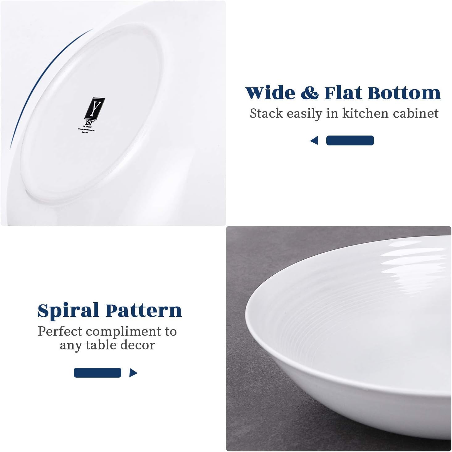Y YHY 9" Pasta Bowls, 40oz Large Salad Bowls Set of 6, Wide Shallow Ceramic Bowls for Serving Soup, White Dinner Plates Set for Kitchen