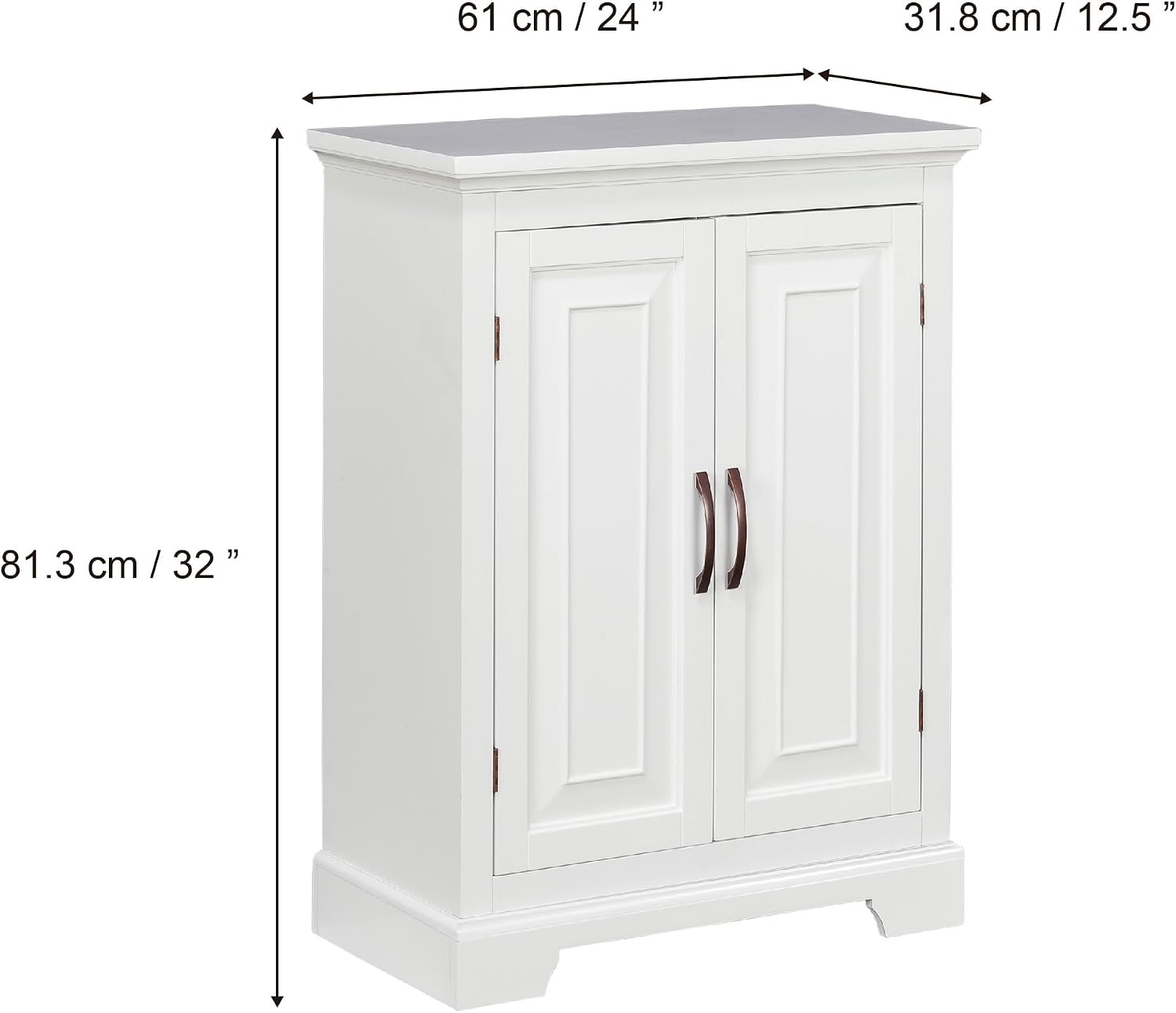 Teamson Home Versailles Wooden Freestanding Floor Storage Cabinet with 2 Adjustable Interior Shelves 3 Storage Spaces and 2 Floral Scroll Doors, White
