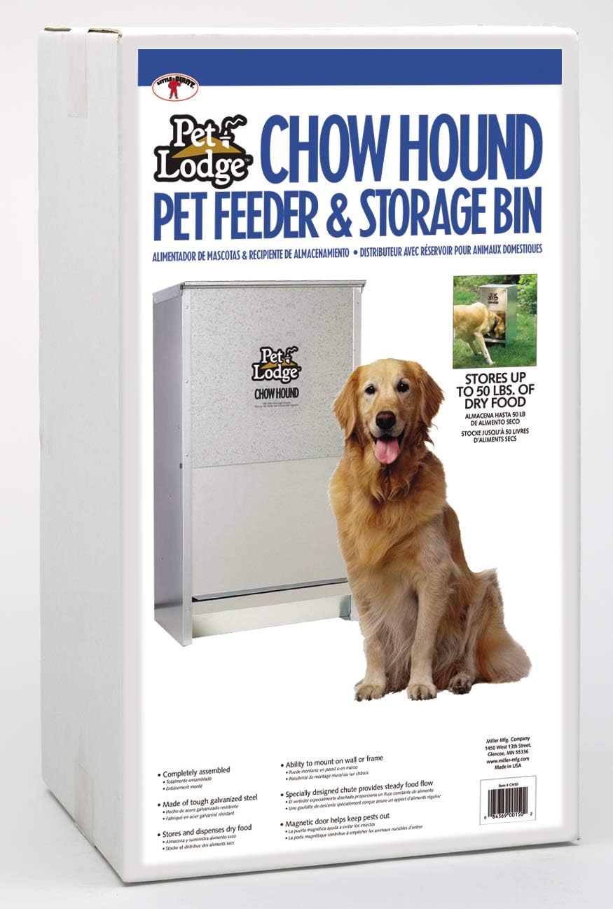 Pet Lodge® Automatic Dog Feeder | Chow Hound Outdoor Pet Feeder | Tough Galvanized Steel | Made in USA (25 lb) | Easy Access Magnetized Door and Angled Chute for Dogs, Silver, 1 Pack