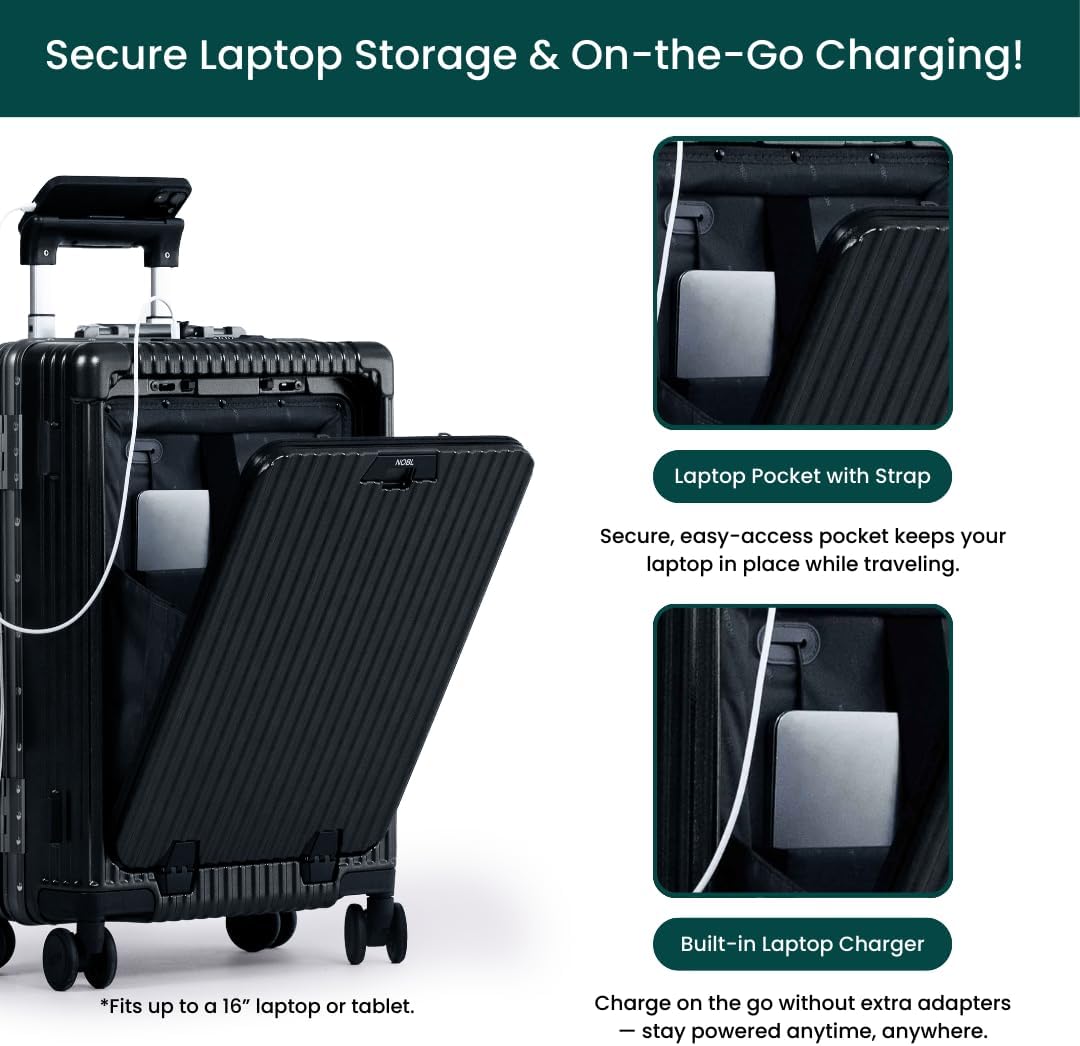 Nobl Travel Carry on Luggage, Zipperless Aluminum Frame, TSA Locks | PC Hard Shell Suitcase, Airline Approved, 360° Spinner Wheels, USB Charging Port, Cup & Phone Holder, 22.5x15x9.5, Ivory