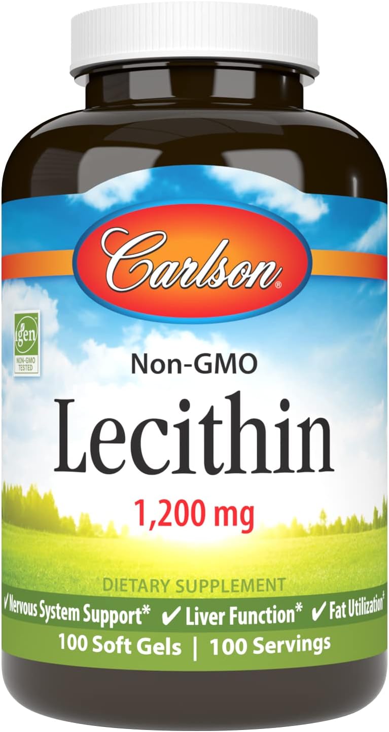 Carlson Lecithin, Non-GMO, 1200 mg, 100 Softgels | Nervous System Health; Liver Function; Unbleached Soy Lecithin