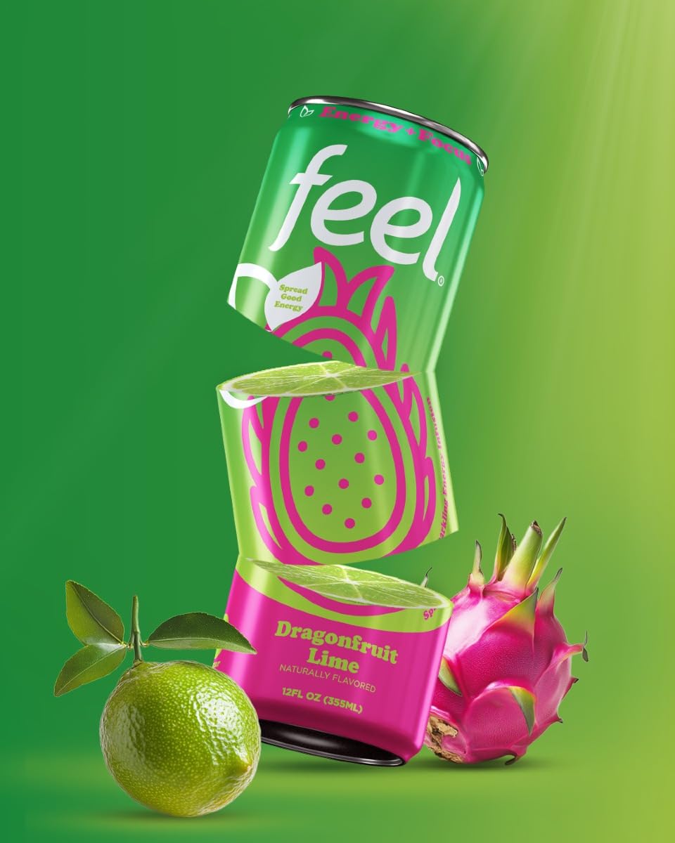FEEL Variety Pack – Zero Sugar Sparkling Energy Drink – 3 Flavor Assortment, 140mg Plant-Based Caffeine from Green Coffee Beans + L-Theanine – Vitamin C, Vegan, Non-GMO – 12 Pack (12 Fl Oz Cans)