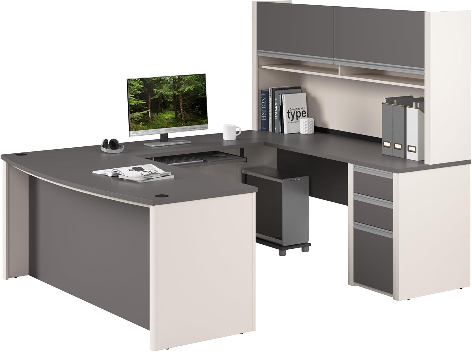 Bestar Connexion U-Shaped Workstation with Three Drawers, 72W, Slate/Sandstone | With Three Drawers; Durable 1" commercial grade work surface with melamine finish that resist scratches; for home office use