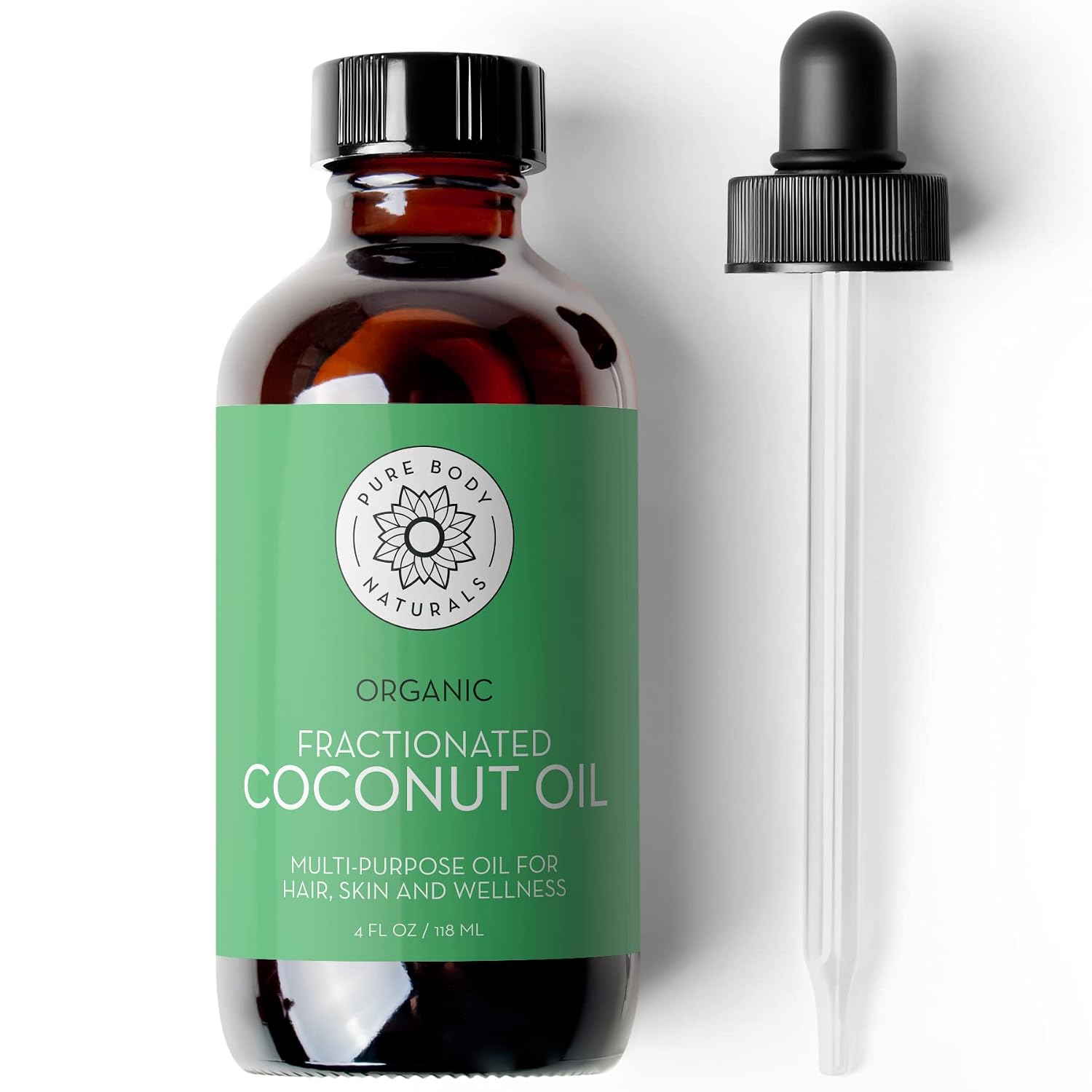 Organic Fractionated Coconut Oil, Carrier Oil with Dropper, 4 fl oz | Palm oil free liquid MCT for diluting essential oils, use on skin, hair, nails