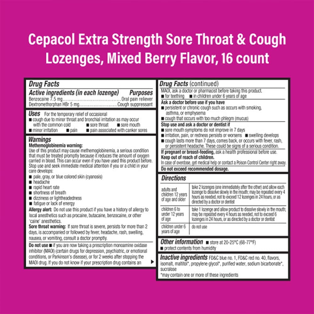 Cepacol Extra Strength Sore Throat & Cough Relief Lozenges, 16 Count, Mixed Berry Flavor, Maximum Numbing, Fast Acting Relieves Sore Throat Pain, and Quiets Cough (Pack of 4)