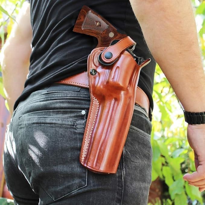 Masc OWB Leather Paddle Revolver Holster with Retention Strap, Fits Python .357 Magnum 6-inch, Right Hand Draw Brown Color #1306#