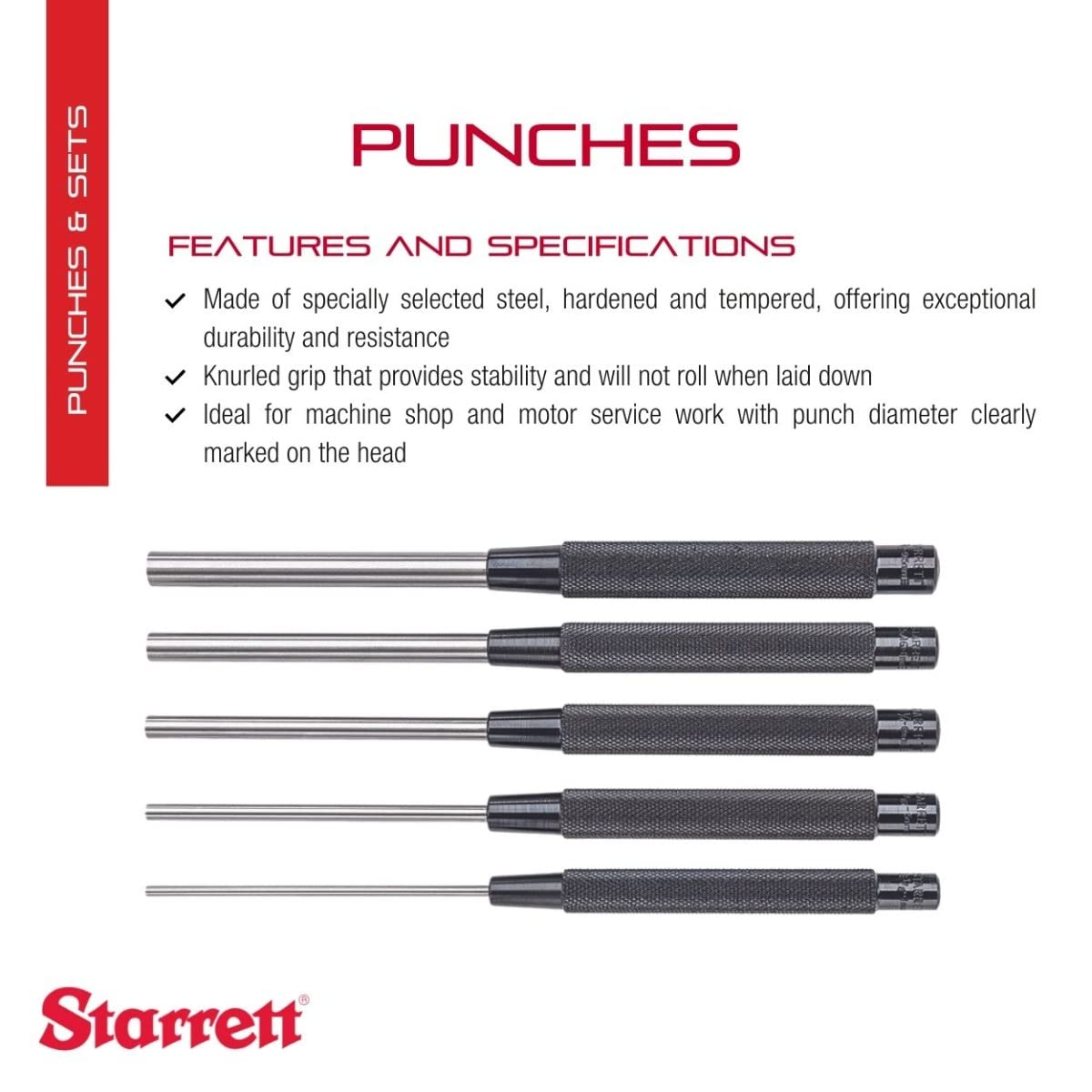 Starrett Steel Drive Pin Punch Set with Knurled Grip for Precise Positioning and Secure Holding - Hardened and Tempered Steel
