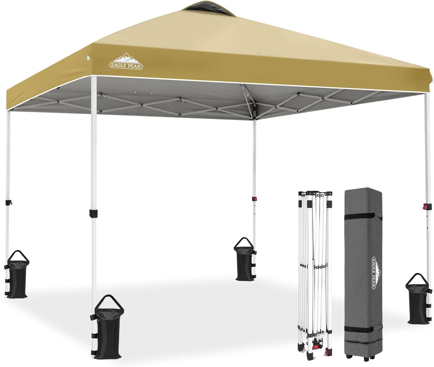EAGLE PEAK 10x10 Pop Up Canopy Tent Easy Up Canopy Outdoor, White | Patented PeakPush™ Center Lock, 1 Person Setup Portable Pop Up Tent, Beach, Markets, Camping Sport Events, Wheeled Carry Bag