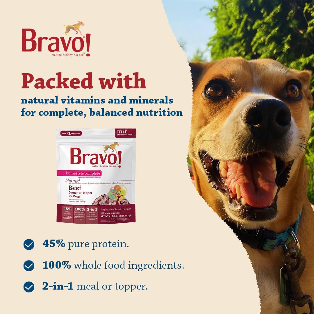 Bravo! Homestyle Complete Freeze Dried Raw Dog Food, Beef, 2 Pounds | Whole Food Ingredients, Rehydrate with Water for Up To 9 Pounds of Food, Use as Meal or Food Topper, Grain Free, Gluten Free