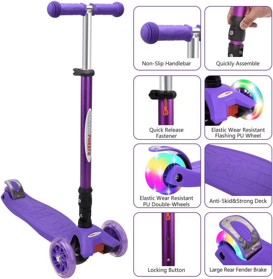 ChromeWheels Foldable Scooters for Kids, Deluxe Kick Scooter 4 Adjustable Height 132lbs Weight Limit 3 Wheel, Lean to Steer LED Light Up Wheels