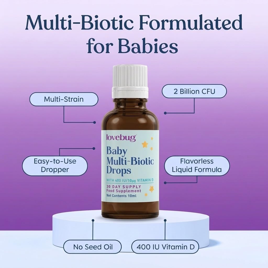 LOVEBUG Baby Probiotic Drops - Organic Probiotics for Immune Support and Baby Constipation & Colic Relief - Tasteless & Sugar-Free Liquid Drops for