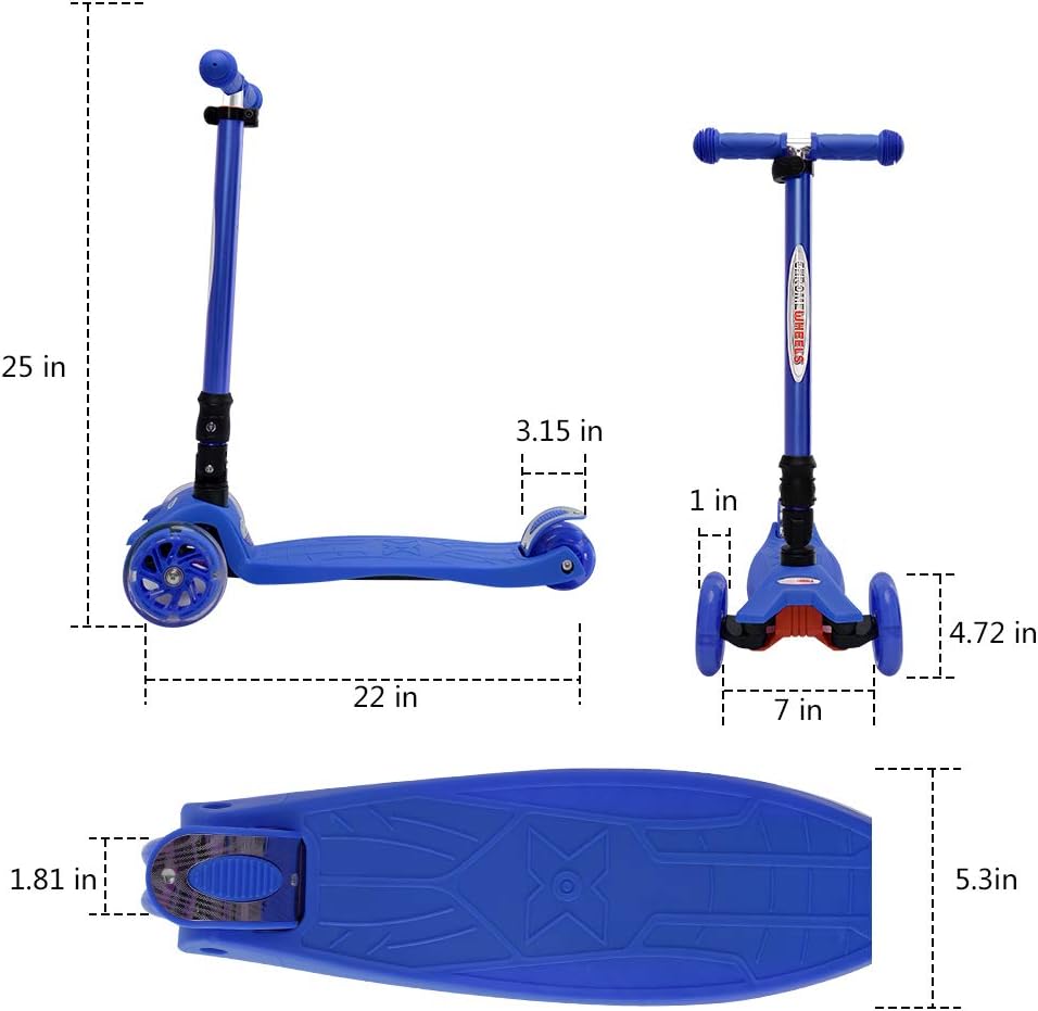 ChromeWheels Foldable Scooters for Kids, Deluxe Kick Scooter 4 Adjustable Height 132lbs Weight Limit 3 Wheel, Lean to Steer LED Light Up Wheels