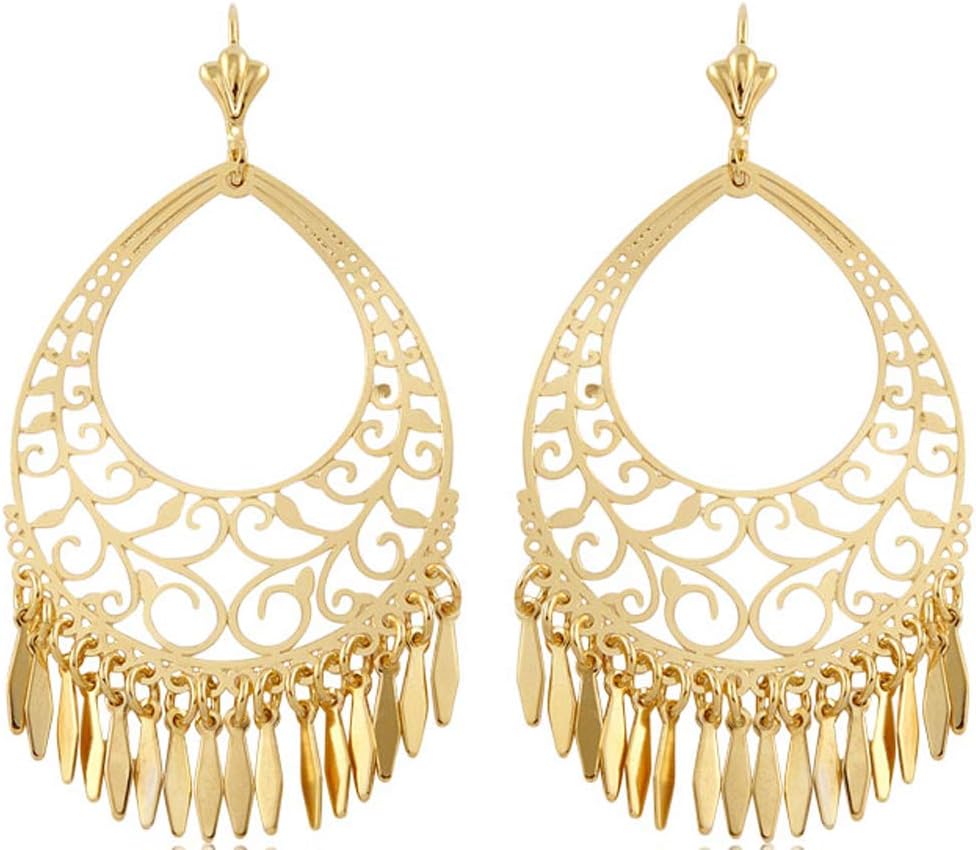 Barzel 18K Gold Plated Filigree Cut-out Dangling Chandelier Earrings - Made in Brazil