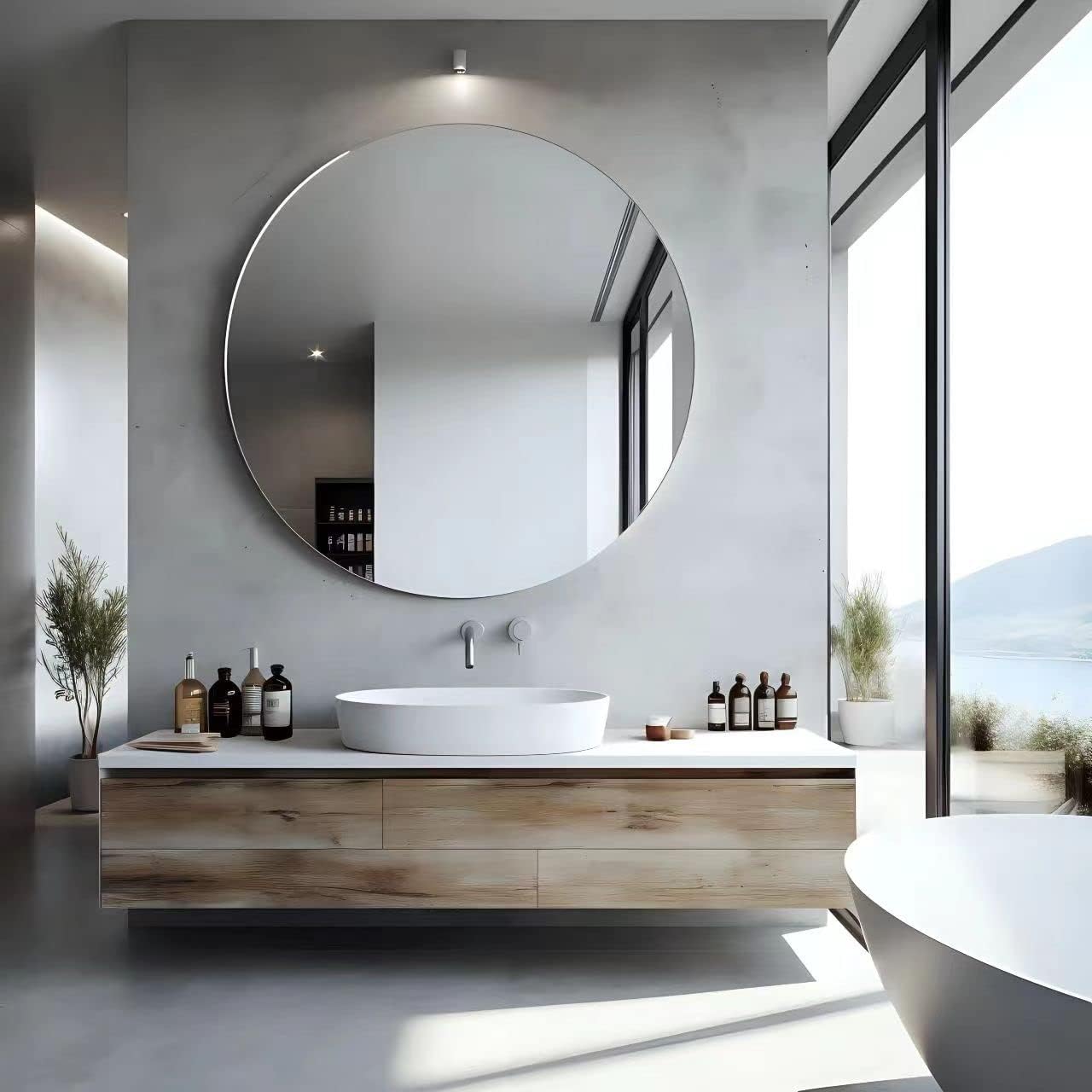 USHOWER Frameless Round Bathroom Mirror 24"