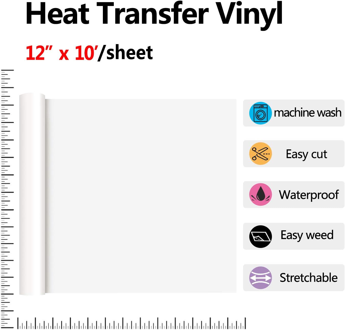 RENLITONG Heat Transfer Vinyl,12 Inch by 10ft White Iron on Vinyl