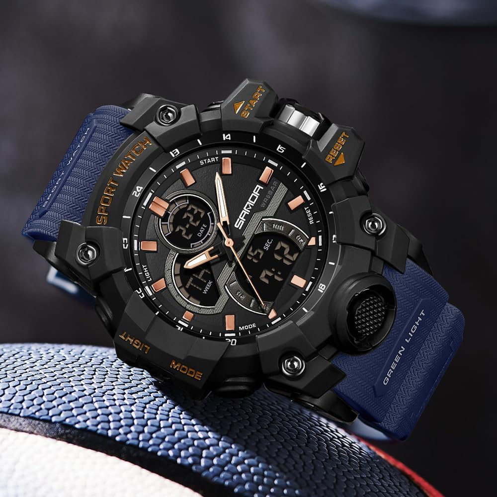 FANMIS Men Sports Outdoor Watch Analog Digital Multifunctional Black Watch | Black Sports Watch Casual Quartz Wristwatch Waterproof Military Wrist Watch Tactics LED Alarm Stopwatch Digital Watch for Men
