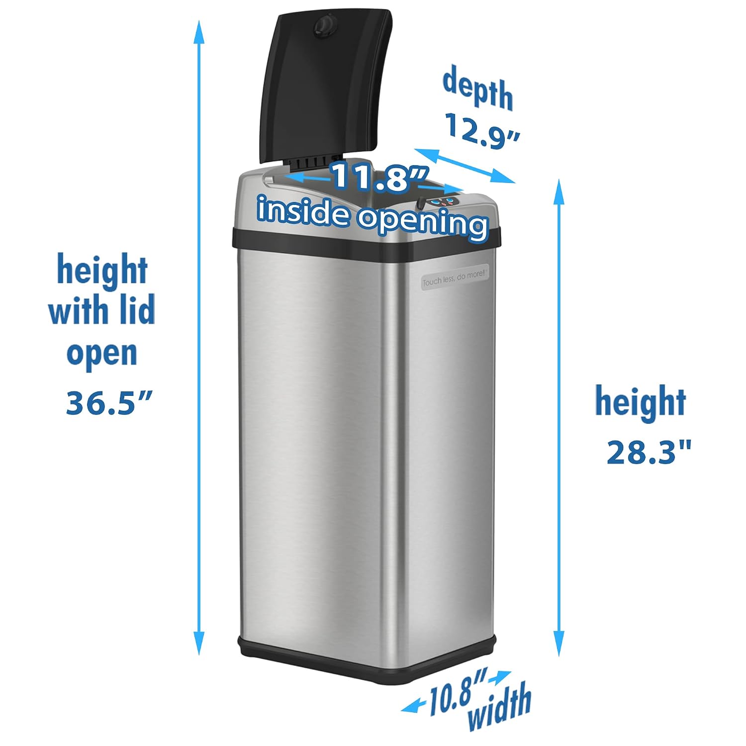 iTouchless Touchless Trash Can with AC Adapter, 3 Odor Filters Big Lid Opening Sensor Kitchen Garbage Bin, 13 Gallon, Stainless Steel, Platinum