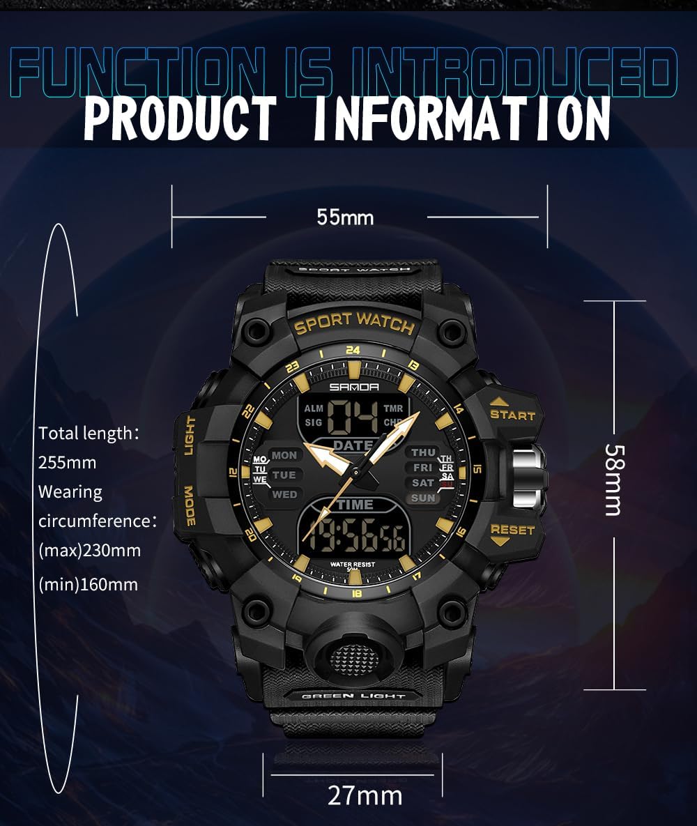 Gosasa Men's Large Face Outdoor Sports Watches Military S-Shock Watch Waterproof, Backlight, Alarm, Stopwatch Features - Rugged Wristwatch for Training, Hiking, and Adventure