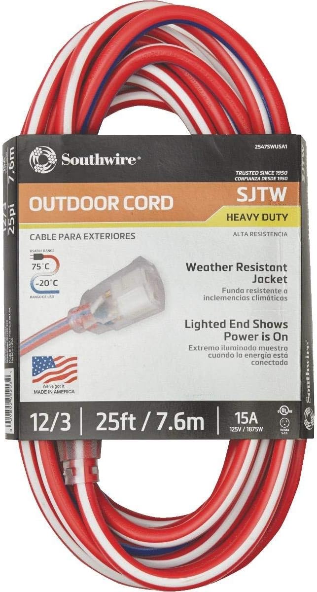 Southwire Heavy Duty Extension Cord, 50Ft, 12 Gauge, 3 Conductor, Outdoor Cord, Lighted End, SJTW, Red/White/Blue, 2548SWUSA1