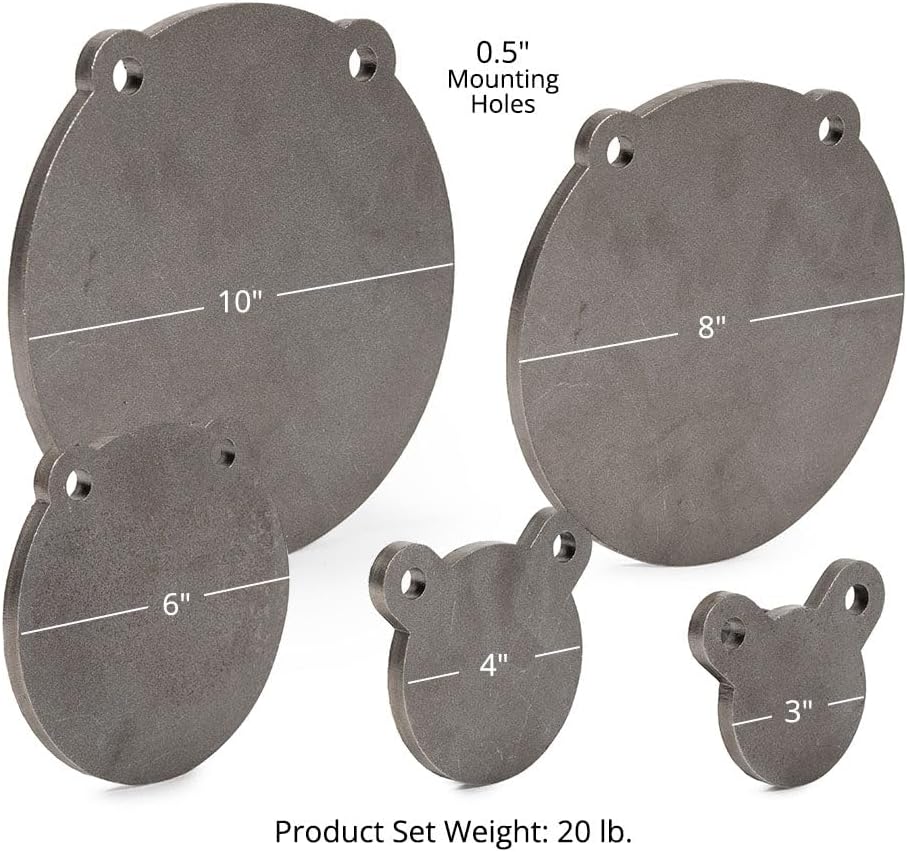 Set of 5, 3/8" AR500 Steel Gong Shooting Targets, Laser-Cut Raw Steel 3" 4" 6" 8" 10" Dia. Swing Paddles, Gong Shooting Target with Instant Feedback