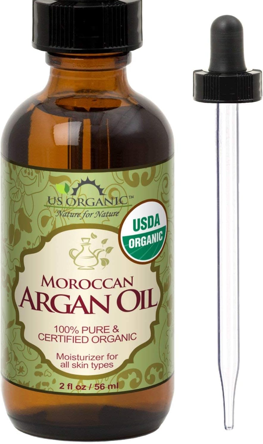 US Organic Moroccan Argan Oil, USDA Certified Organic,100% Pure & Natural, Cold Pressed Virgin, Unrefined, 2 Oz in Amber Glass Bottle, for Hair treatment, Skin, Nail, Cuticle, Sourced from Morocco.