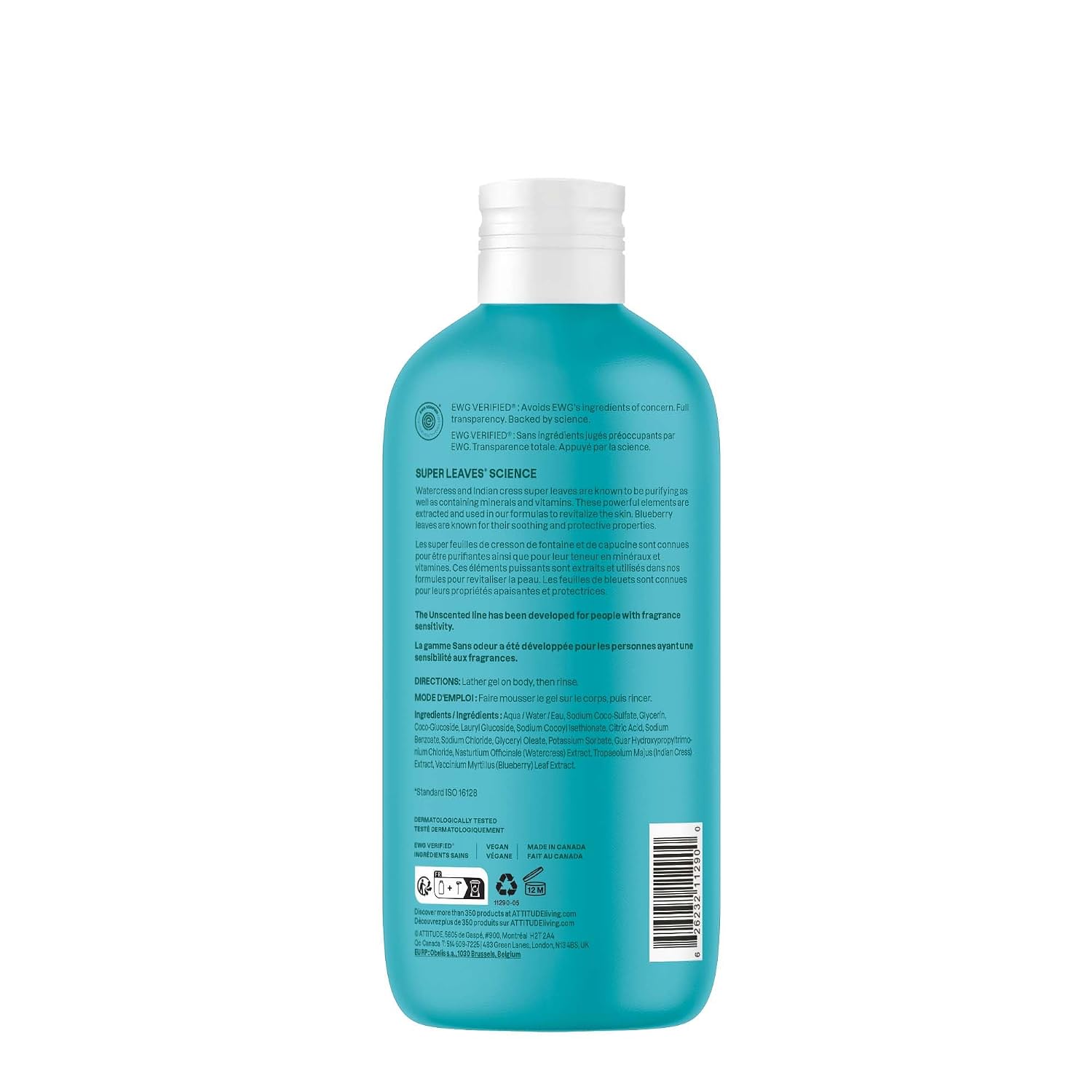 ATTITUDE Body Wash, EWG Verified Shower Gel, Dermatologically Tested, Plant and Mineral-Based, Vegan Personal Care Products, Earl Grey & Fresh Cucumber, 16 Fl Oz