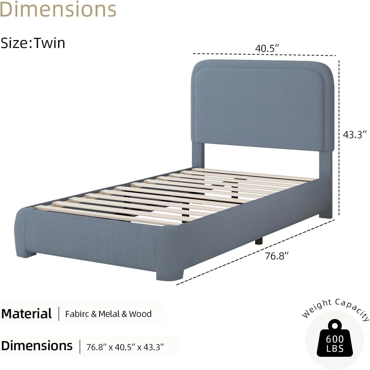BarnFurin Full Bed Frame, Cloud Boucle Headboard, Rounded Corners, White | Soft boucle and rounded edges create a low-profile cloud look. Wooden slats support the mattress without a box spring