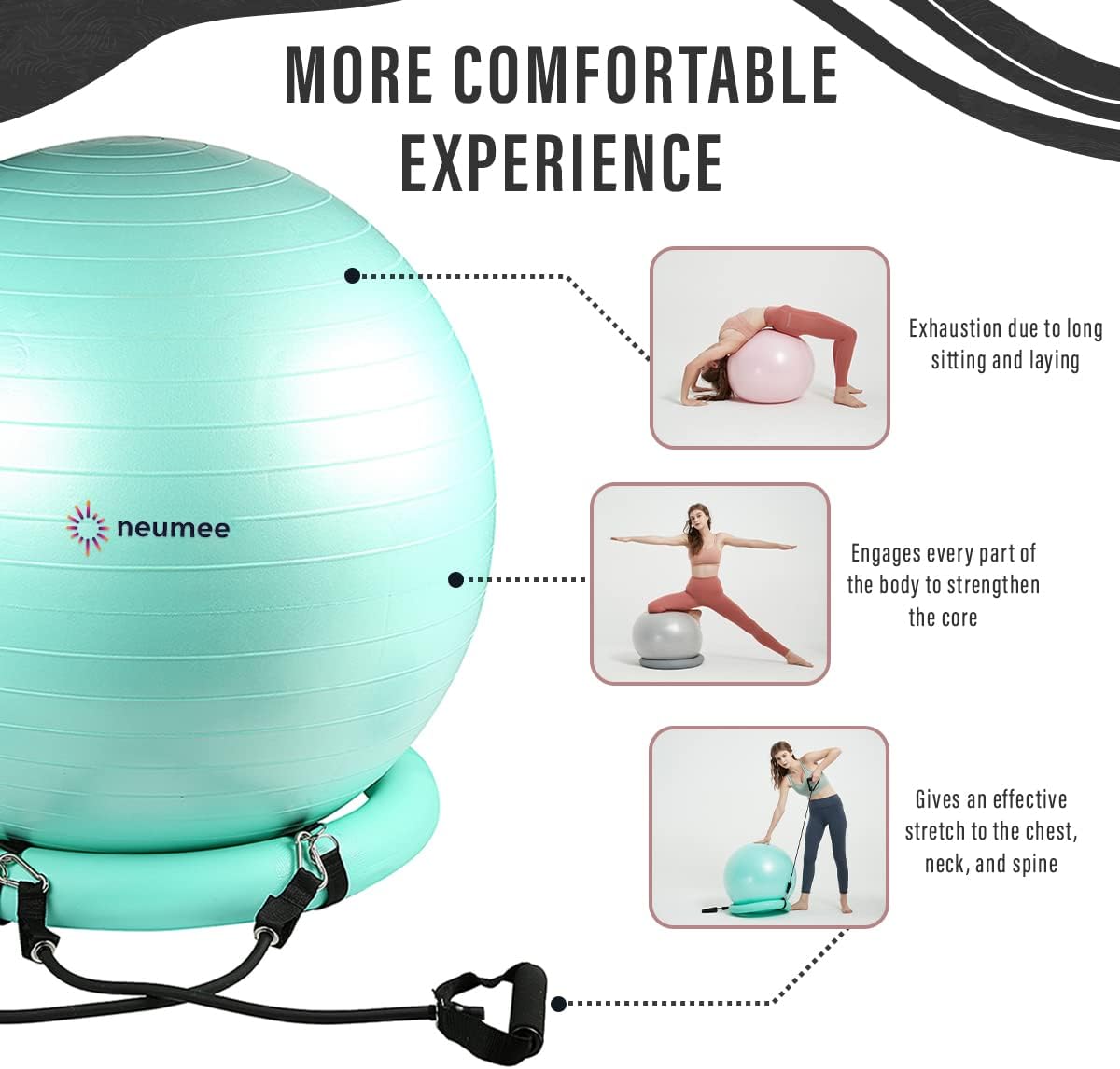 Yoga Ball Chair with 65cm Exercise Ball & 2 Resistance Bands, Stability Base for Home Office, Yoga, Pilates & Fitness, Balance Ball for Posture