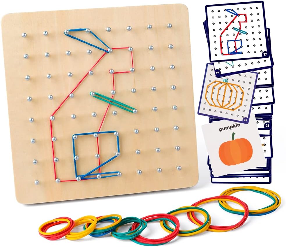 Coogam Wooden Geoboard Mathematical Manipulative Material Array Block Geo Board – Graphical Educational Toys with 30Pcs Pattern Cards and Latex