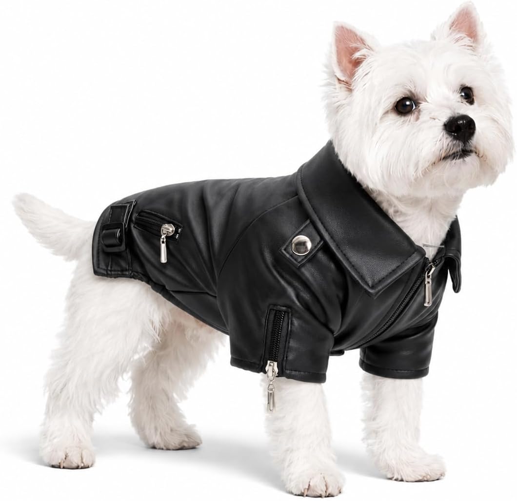 Lovelonglong Cool Dog Leather Jacket, Warm Coats Dogs Windproof Cold Weather Coats for Large Medium Small Dogs with Eagle Embroidery Black XS